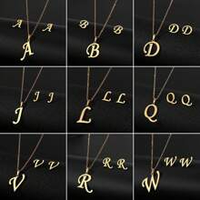 1 Set European And American Style Stainless Steel 26 Alphabet Pendants Necklace Set, 3pcs/Set, Initial Letter F. Simple Pendant Collarbone Chain And Earring Set For Women; All-Match Sweater Chain,Not Fading Necklace, Collarbone Chain And Earrings Set. - Gold - View 2