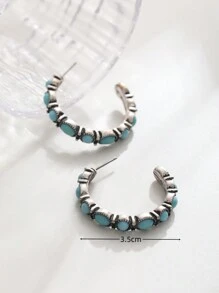 1 par de pendientes en forma de C exagerados con estilo bohemio y vintage con turquesa, adecuados para uso diario, baile y fiesta de mujeres - Plata antigua - Ver 4