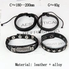 4入組時尚男女通用手鏈組合套裝-朋克街頭風格星星皮革手帶 - A3樹葉 - 查看 2