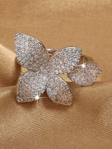 rakol 1pc Fashion Cubic Zirconia Leaf Design Open Ring, Suitable For Women's Daily Wear - Silver - View 13