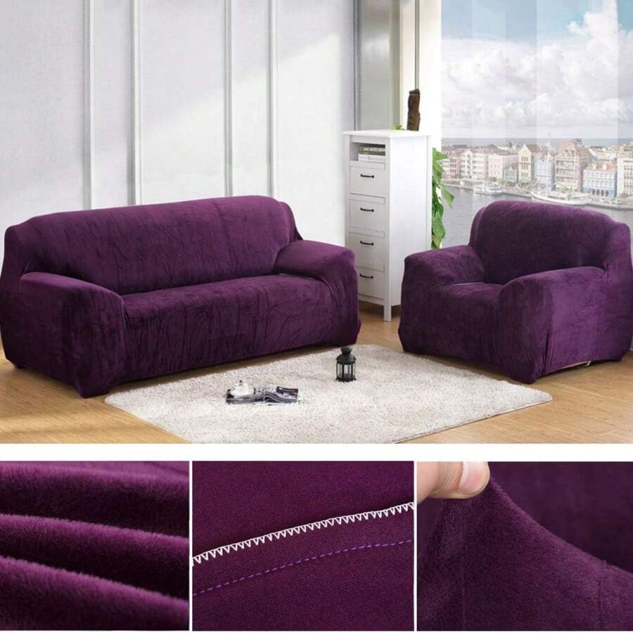 Stretch Sofabezug Couchbezug 1/2/3/4 Sitzer Dicke Samt Sofa Schonbezüge Elastischer Antirutsch Sofahusse Möbelschutz - Violett - Übersicht 1