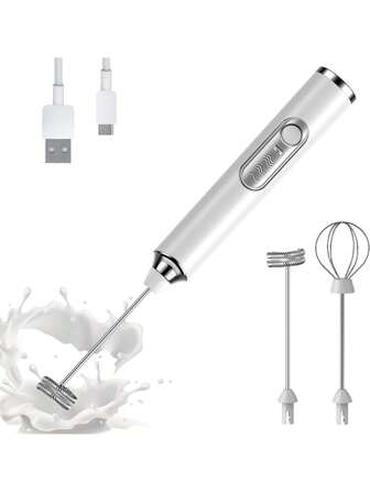 1pc Handheld Electric Milk Frother, White, Electric Whisk Coffee Mixer, With 2 Replaceable Stainless Steel Stirrers, 3 Speeds, Usb Rechargeable Milk Foam Maker, Suitable For Coffee