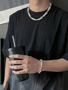 1pc Men's Pearl Necklace, Hip Hop Style Clavicle Chain, Festival Gift - Silver - View 4