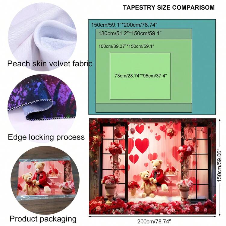1入組情人節浪漫愛心、玫瑰和泰迪熊編織布背景布（不含夾子）適用於婚禮、求婚、紀念日、派對、臥室、攝影拍攝裝飾 - 彩色 - 查看 3