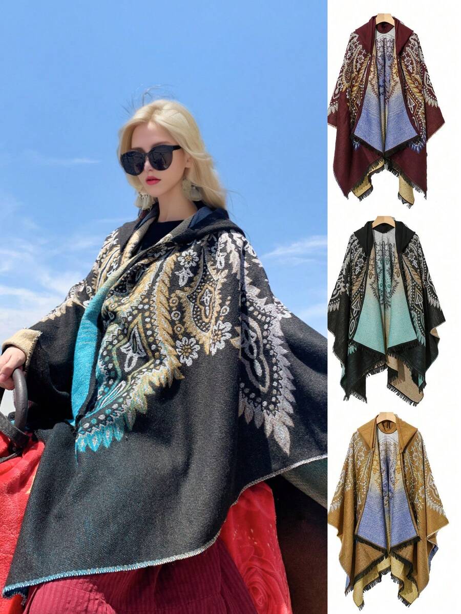 1件女性孔雀羽毛披肩,適合拍照,四季皆宜 - 黑色 - 查看 1