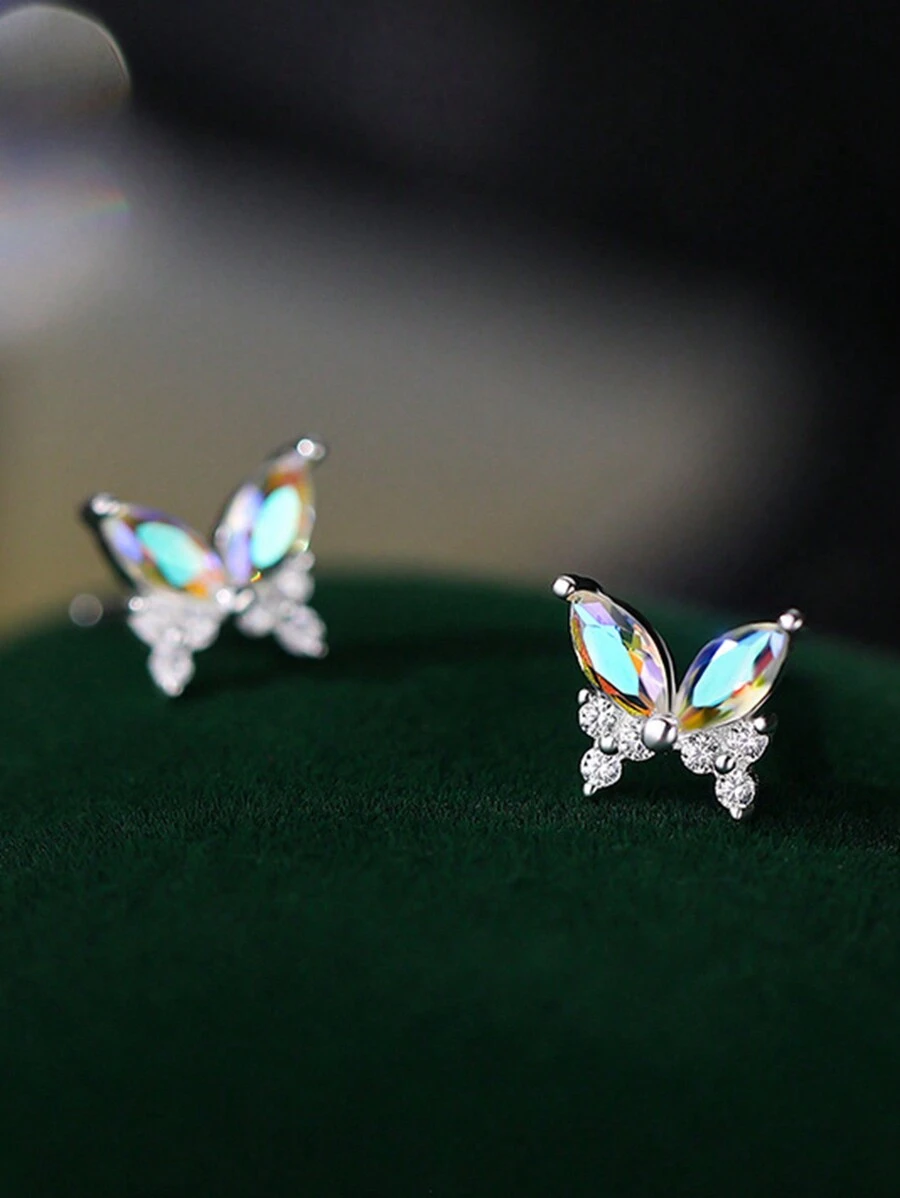 1pair Fashionable Butterfly & Cubic Zirconia Decor Silver Stud Earrings For Women For Gift Holiday
