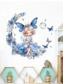 mama look 1 pieza Pegatina de pared extraíble con pintura de dibujos animados de princesa, luna, flores y mariposas para la habitación de los niños, dormitorio, decoración del hogar, pegatinas, decoración de pared, vinilos decorativos para decoración del hogar, artículos de decoración de primavera para refrescar su hogar, pegatinas de decoración de rama