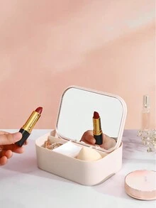 1pc 桌面首飾收納盒附化妝鏡 - 米色 - 查看 4
