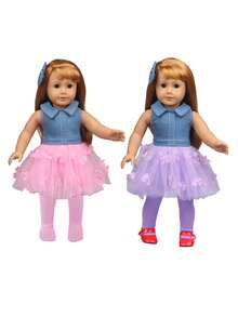 1 件 8 吋娃娃衣服套裝 + 1 件襪子,18 吋娃娃藍色牛仔上衣配網眼裙（不含娃娃） - 粉色 - 查看 3