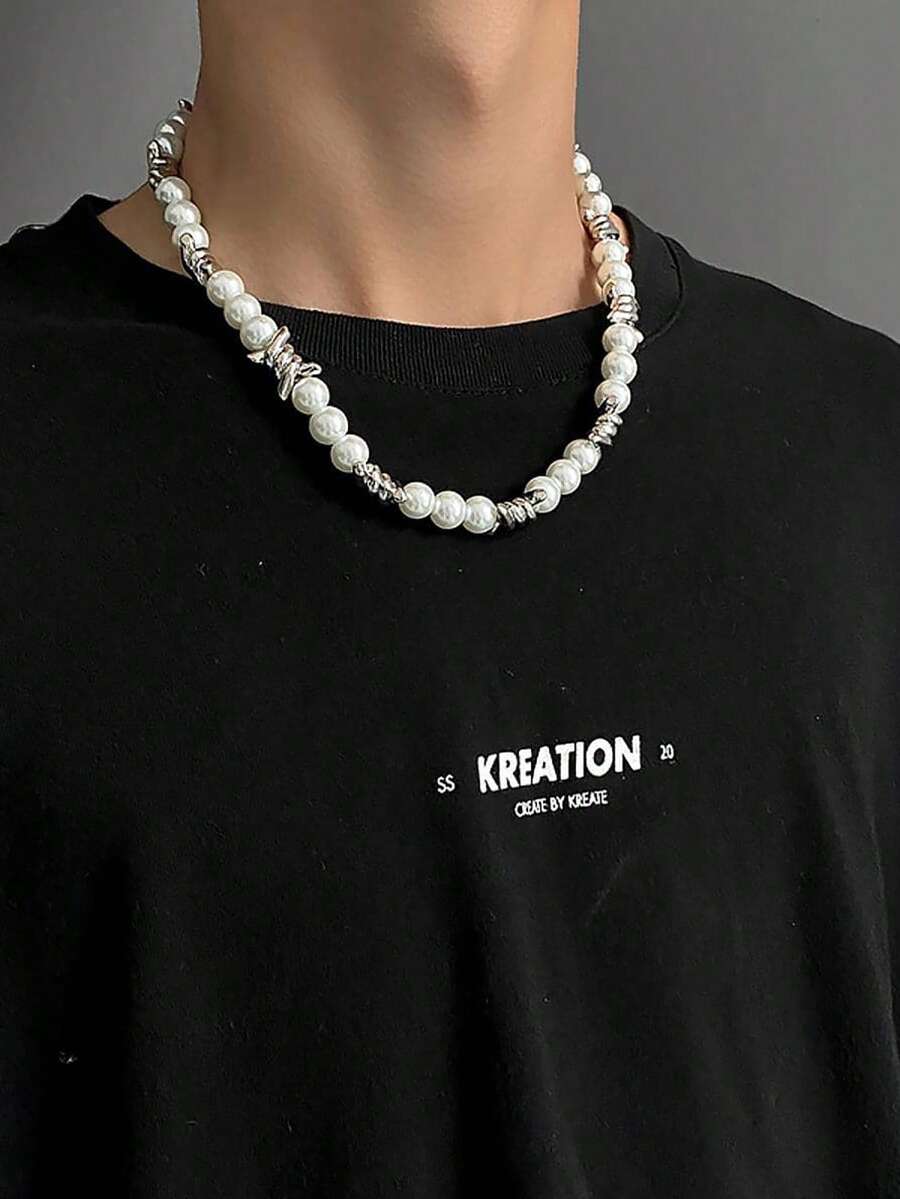 1pc Men's Pearl Necklace, Hip Hop Style Clavicle Chain, Festival Gift - Silver - View 1