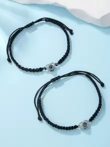 2pcs Original Handmade Heart Shaped Pair Projection Classic Bracelet,Adjustable Couple Bracelet Set, Suitable For Best Friends' Daily Wear Valentines,Mom,Mother,Mother's Day,Gift - Black - View 2