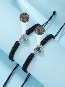 2pcs Original Handmade Heart Shaped Pair Projection Classic Bracelet,Adjustable Couple Bracelet Set, Suitable For Best Friends' Daily Wear Valentines,Mom,Mother,Mother's Day,Gift - Black - View 1