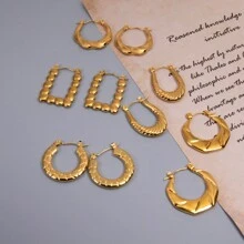 5對簡約不銹鋼圓形/方形/扭結油壓環耳環套裝 - 金色 - 查看 13