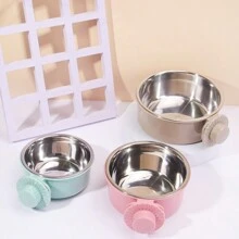 1pc Khaki Anti-Spill Pet Dog Bowl, Stainless Steel Hanging Water/Feeding Bowl For Pets - Khaki - View 2