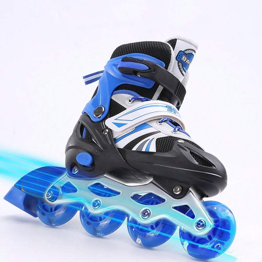 1pc Unisex Single Flash Inline Skates, Adjustable Size Roller Skates Ice Skates - Blue - View 1