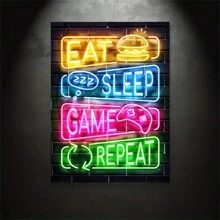 1 pieza Pintura en lienzo de Controlador de juegos de neón "Vida de gamer" para decoración de baño, dormitorio, oficina, sala de estar - Decoración del hogar perfecta