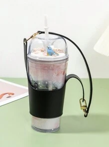 便攜式皮革杯套,黑色皮革手提不銹鋼杯蓋,適用於奶茶杯 - 黑色 - 查看 1