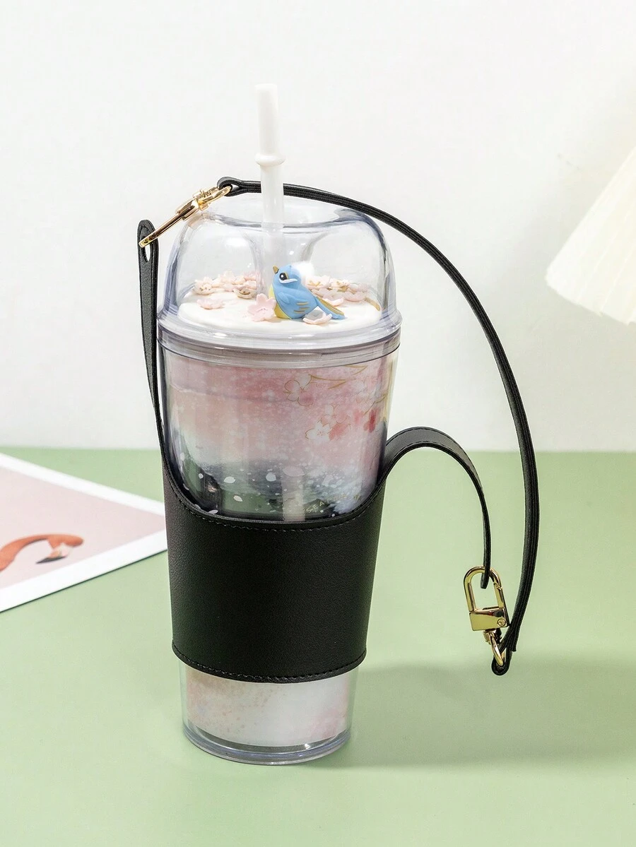 便攜式皮革杯套,黑色皮革手提不銹鋼杯蓋,適用於奶茶杯 - 黑色 - 查看 1