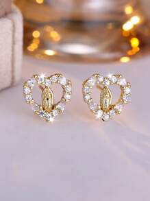 Tsnamer 1Pair Heart Virgin Mary Multicolor Cubic Zirconia Stud Earrings For Women Girls Valentine's Day Daily Jewelry Gifts Valentines - White - View 13