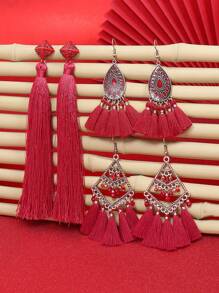 HANQI 3雙/組復古風紅色系時尚耳環套裝,帶各種幾何圖案、流蘇、綠松石、紅珠子的裝飾,適用於女性在各個季節的外出、工作、派對、表演等場合佩戴 - 紅色 - 查看 2