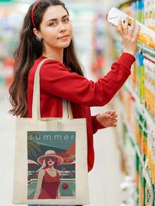 Beekinn Rabbit And Bear Pattern Canvas Tote Bag, Reusable Casual Shoulder Shopping Handbag Cotton Bag,Fashion Large Capacity Tote Bag Cartoon Gift Teacher Gift Bag On Christmas And Halloween For Mother's Day - Beige - View 4