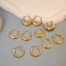 5對簡約不銹鋼圓形/方形/扭結油壓環耳環套裝 - 金色 - 查看 10