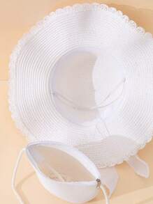 2pcs Ladies Khaki Beach Sun Hat & Crossbody Woven Bag Set With Wavy Bowknot, Perfect For Holiday Travel Boho Halloween