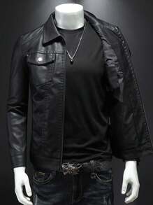 Herren Windbreaker-Jacke im Boyfriend-Stil aus Pu-Leder mit Knopfkragen, für Radfahren und Motorradfahren, Schwarz