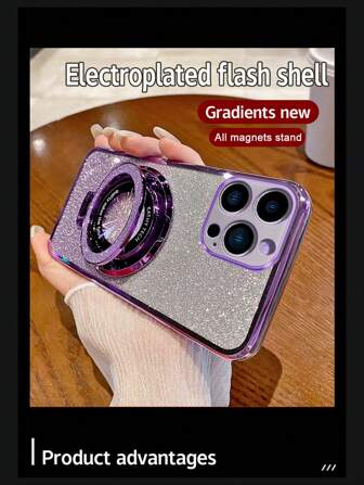 1pc Purple Transparent Plating Tpu Shockproof Phone Case + 1pc Purple Ombre Glitter Card Sticker + 1pc 360° Rotation Purple Glitter Cd Pattern Support/Rotation Support + Glitter Phone Case/Funny Phone Case/Compatible With Iphone/Android/Samsung/Xiaomi/Oppo/Apple 15pro Max/14pro Max/Samsung A52 4g/Samsung A31 4g/Samsung A23/Redmi Note 11 Pro 4g/Redmi Note 12 4g/Oppo A54/Samsung A14/Samsung A54 Phone Case