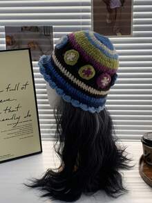 1入組藍色針織桶帽，3D花卉圖案，男女皆宜，四季適用 - 藍色 - 查看 4