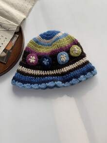 1入組藍色針織桶帽，3D花卉圖案，男女皆宜，四季適用 - 藍色 - 查看 6