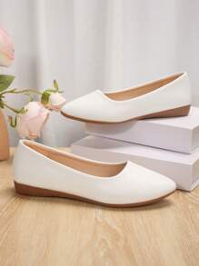 Women's Solid Color Flat Shoes, Comfortable Slip-On Soft Bottom Shoes, Casual Versatile Ballet Flats - White - View 6
