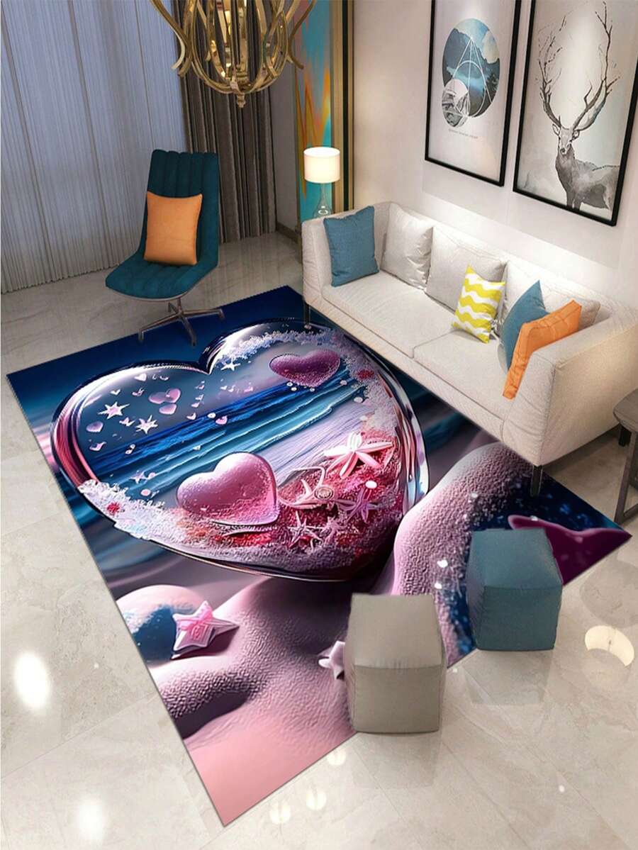 1pc Romantic Beach Themed Heart Pattern Decorative Rug, Modern Light Luxury Style For Living Room, Bedroom, Study Room - Multicolor - View 1