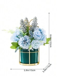 1 件人造花北欧风格陶瓷花盆（蓝玫瑰和绿色蝴蝶结配金色篮子），家居装饰 - 藍色 - 查看 2