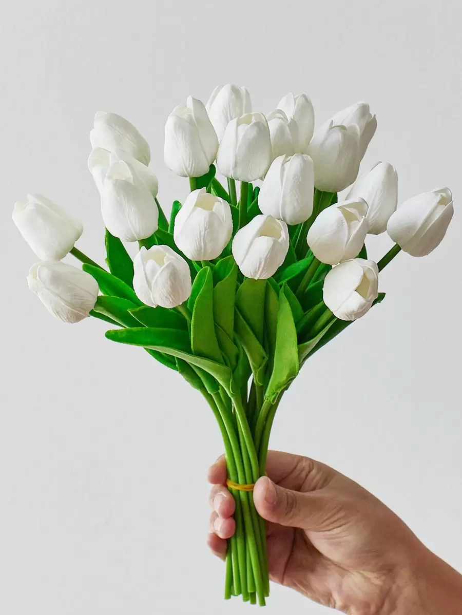 3 件装人造郁金香花 13 英寸真实触感郁金香丝绸假花插花花束新年春季家居厨房房间办公室装饰婚礼装饰餐桌摆件复活节 - 白色 - 查看 1
