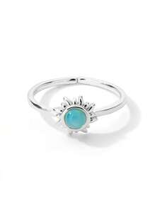 1pc Stylish Gold Stainless Steel Sun & Blue Cat Eye Stone Open Ring For Women Party Jewelry Gift