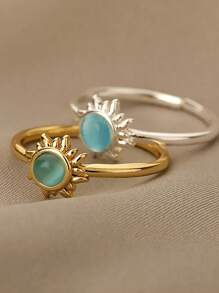 1pc Stylish Gold Stainless Steel Sun & Blue Cat Eye Stone Open Ring For Women Party Jewelry Gift