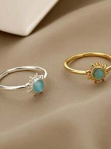 1pc Stylish Gold Stainless Steel Sun & Blue Cat Eye Stone Open Ring For Women Party Jewelry Gift