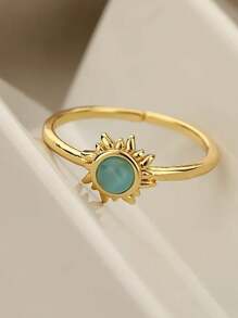 1pc Stylish Gold Stainless Steel Sun & Blue Cat Eye Stone Open Ring For Women Party Jewelry Gift