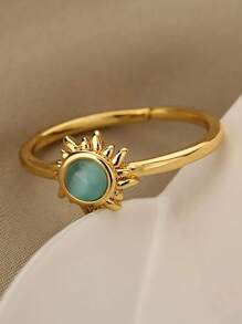 1pc Stylish Gold Stainless Steel Sun & Blue Cat Eye Stone Open Ring For Women Party Jewelry Gift