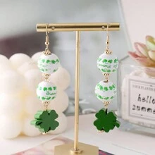 1 Pair Of St. Patrick's Green Spherical Wooden Clover Print Fashion Women's Earrings - Multicolor - View 7