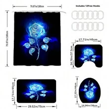 1/4Pcs Blue Rose Shower Curtain And Non-Slip Mat Set Beautiful Blue Rose Blooming In The Dark Night Pattern U Shape Toilet Rug And Toilet Lid Cover Bathroom Decor - Multicolor - View 2