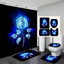 1/4Pcs Blue Rose Shower Curtain And Non-Slip Mat Set Beautiful Blue Rose Blooming In The Dark Night Pattern U Shape Toilet Rug And Toilet Lid Cover Bathroom Decor - Multicolor - View 4