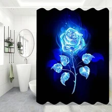 1/4Pcs Blue Rose Shower Curtain And Non-Slip Mat Set Beautiful Blue Rose Blooming In The Dark Night Pattern U Shape Toilet Rug And Toilet Lid Cover Bathroom Decor - Multicolor - View 6