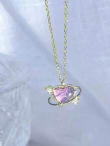 1條告白氣球心形星球星系金屬情人項鍊,適用於女性,情人節禮物 - 彩色 - 查看 3