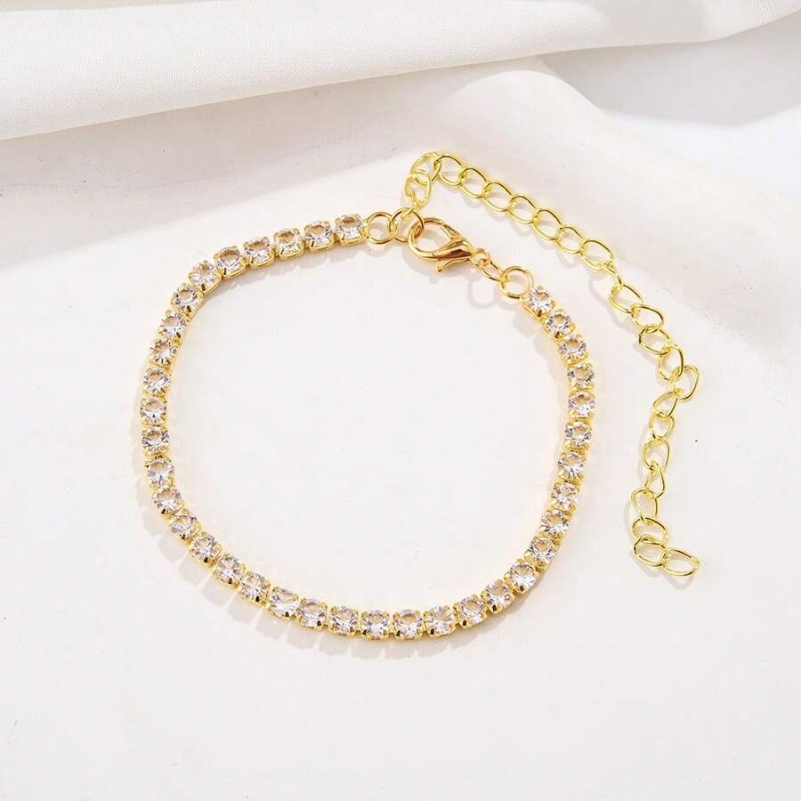 1入裝鋅合金時尚精美鑲嵌鑽石腳鍊,適合女性日常穿戴 - 金色 - 查看 1