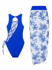 女式純色一件式泳衣,背部帶設計和熱帶印花泳裙 - 藍色 - 查看 2