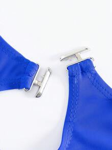 女式純色一件式泳衣,背部帶設計和熱帶印花泳裙 - 藍色 - 查看 5