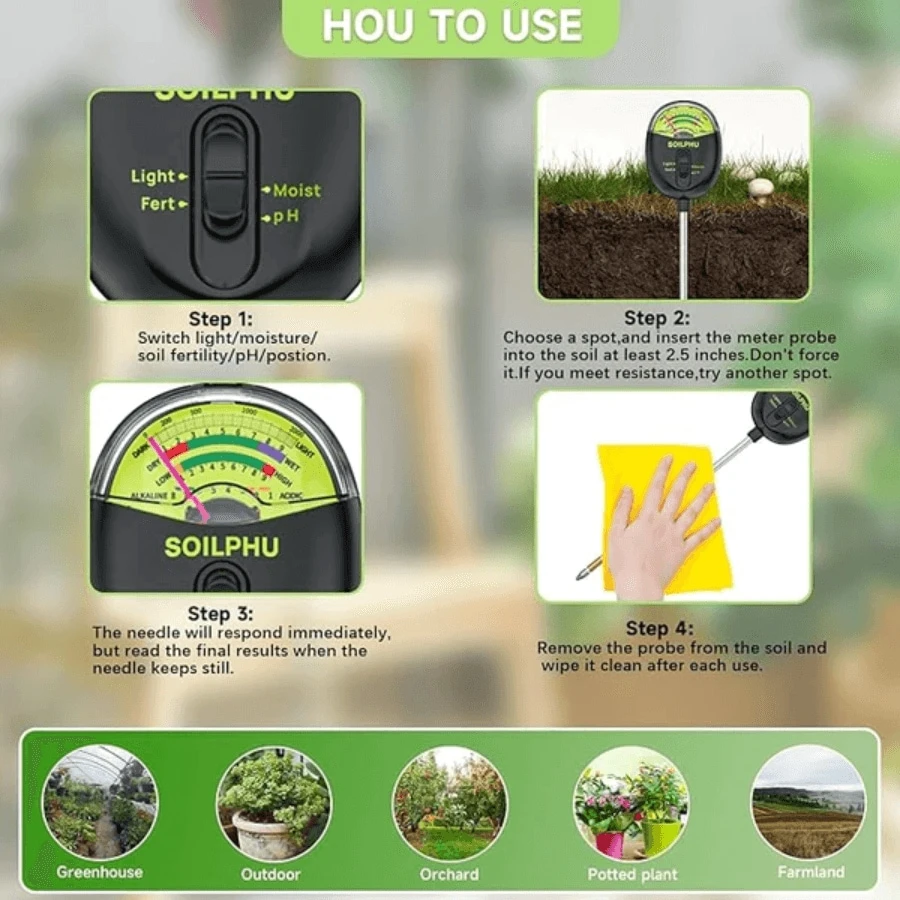 4 In 1 Soil Pointer Meter, Soil Moisture PH Sunlight Intensity ...