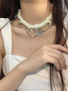 1pc Green Knitted Butterfly Tassel Necklace, Creative Retro Style Collarbone Chain - Green - View 5